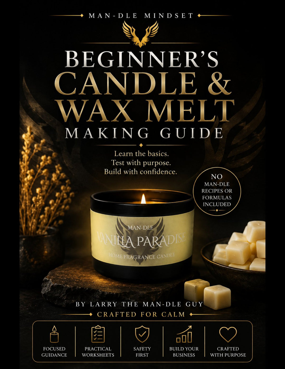 MAN-DLE MINDSET: Beginner's Candle & Wax Melt Making Guide — black-and-gold candle cover